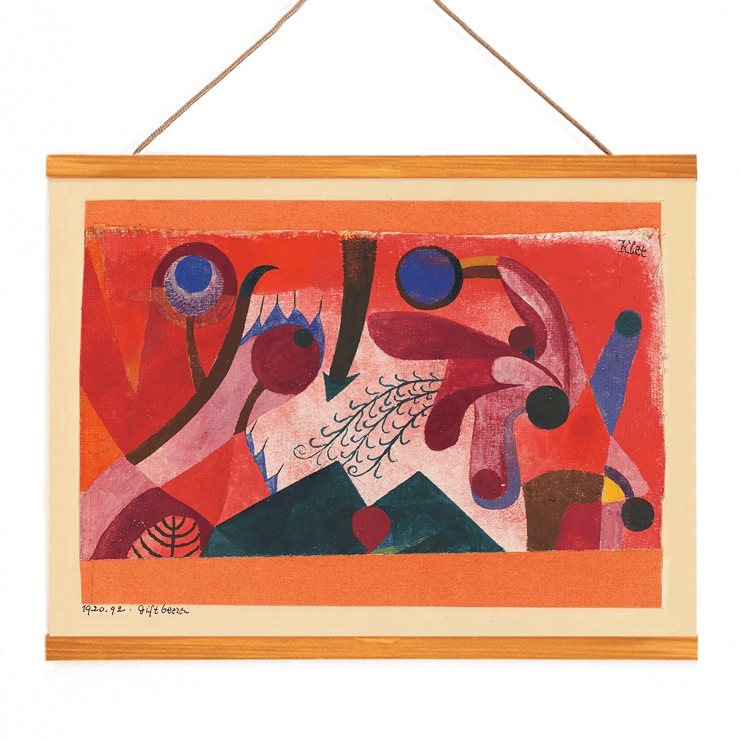 Abstrakte, lebendige geometrische Muster in „Giftige Beeren“ von Paul Klee. Ein lebendiges abstraktes Kunstposter mit dem Titel „Giftige Beeren“ von Paul Klee mit kräftigen Formen und Farben.