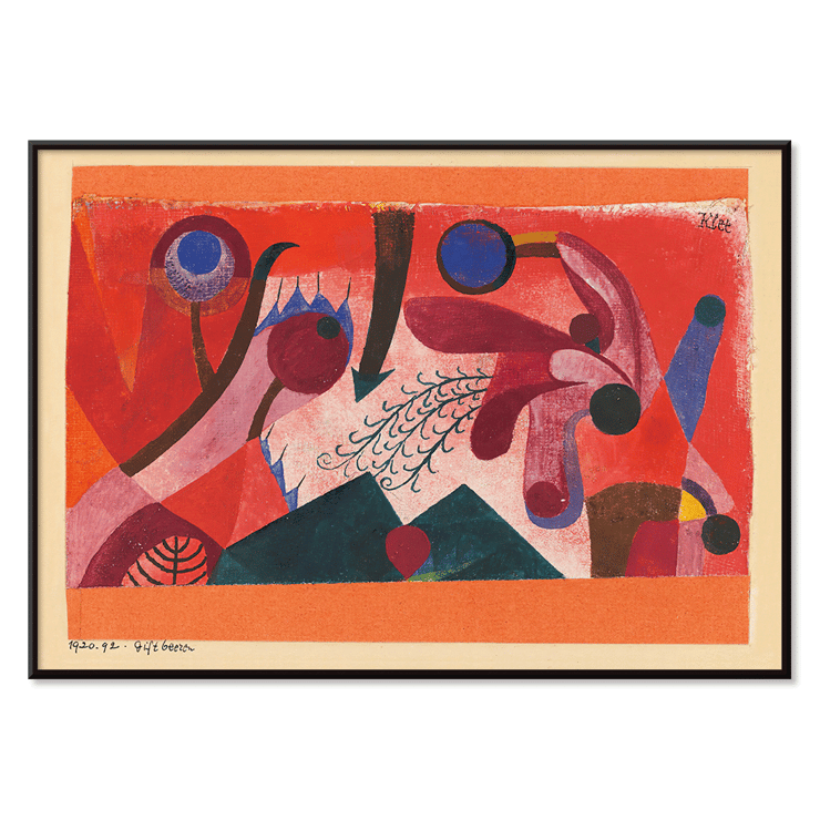Abstrakte, lebendige geometrische Muster in „Giftige Beeren“ von Paul Klee. Ein lebendiges abstraktes Kunstposter mit dem Titel „Giftige Beeren“ von Paul Klee mit kräftigen Formen und Farben.