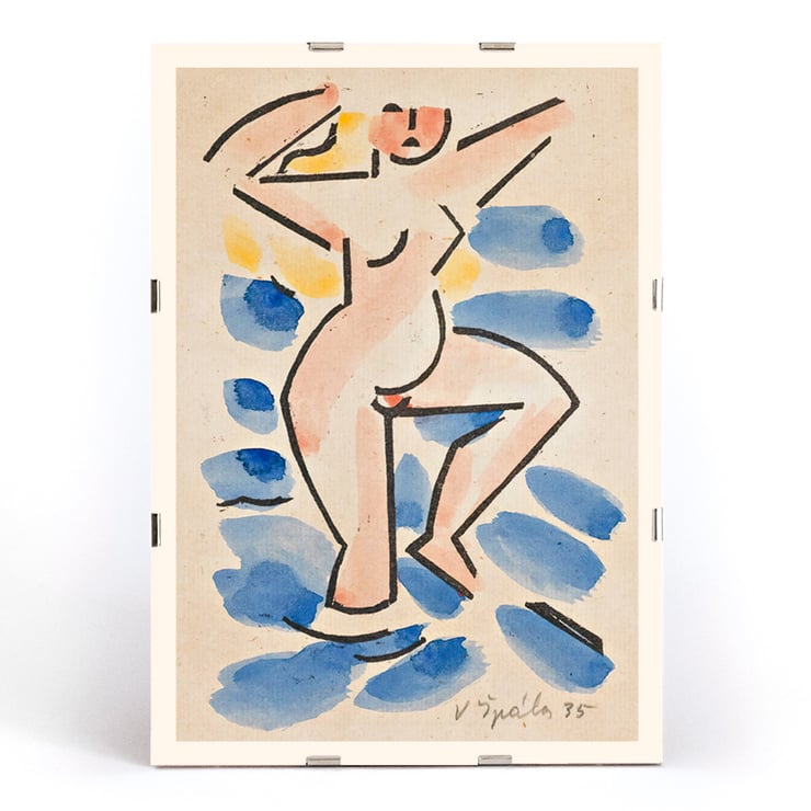 Colorful abstract painting of a nude figure by Václav Špála titled Nude. Poster of abstract nude in watercolor style blues and pinks titled Nude by artist Václav Špála.