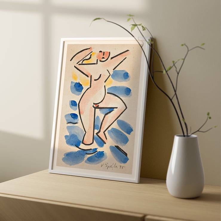 Colorful abstract painting of a nude figure by Václav Špála titled Nude. Poster of abstract nude in watercolor style blues and pinks titled Nude by artist Václav Špála.
