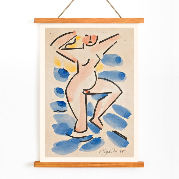Colorful abstract painting of a nude figure by Václav Špála titled Nude. Poster of abstract nude in watercolor style blues and pinks titled Nude by artist Václav Špála.