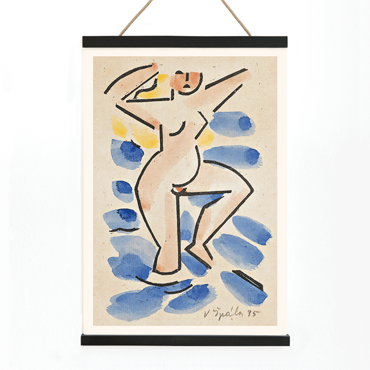Farbenfrohes abstraktes Gemälde einer nackten Figur von Václav Špála mit dem Titel „Akt“. Poster eines abstrakten Aktbilds in Blau- und Rosatönen im Aquarellstil mit dem Titel „Nude“ vom Künstler Václav Špála.