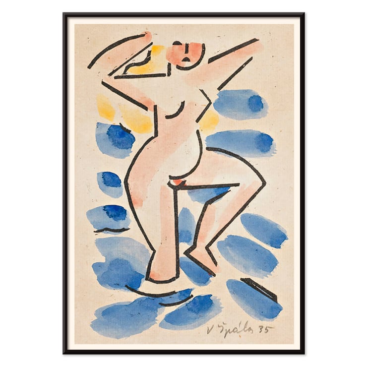 Colorful abstract painting of a nude figure by Václav Špála titled Nude. Poster of abstract nude in watercolor style blues and pinks titled Nude by artist Václav Špála.