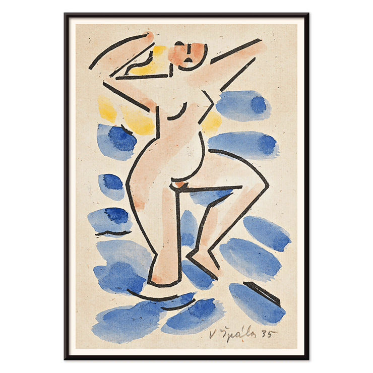 Farbenfrohes abstraktes Gemälde einer nackten Figur von Václav Špála mit dem Titel „Akt“. Poster eines abstrakten Aktbilds in Blau- und Rosatönen im Aquarellstil mit dem Titel „Nude“ vom Künstler Václav Špála.