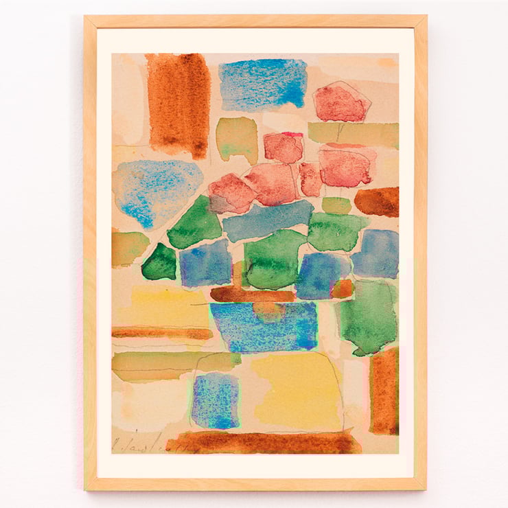 Abstract watercolor painting by Alexej von Jawlensky titled Floral Still Life showing vibrant geometric shapes. Poster featuring Floral Still Life by Alexej von Jawlensky with vibrant mosaic of abstract shapes in red blue and green tones