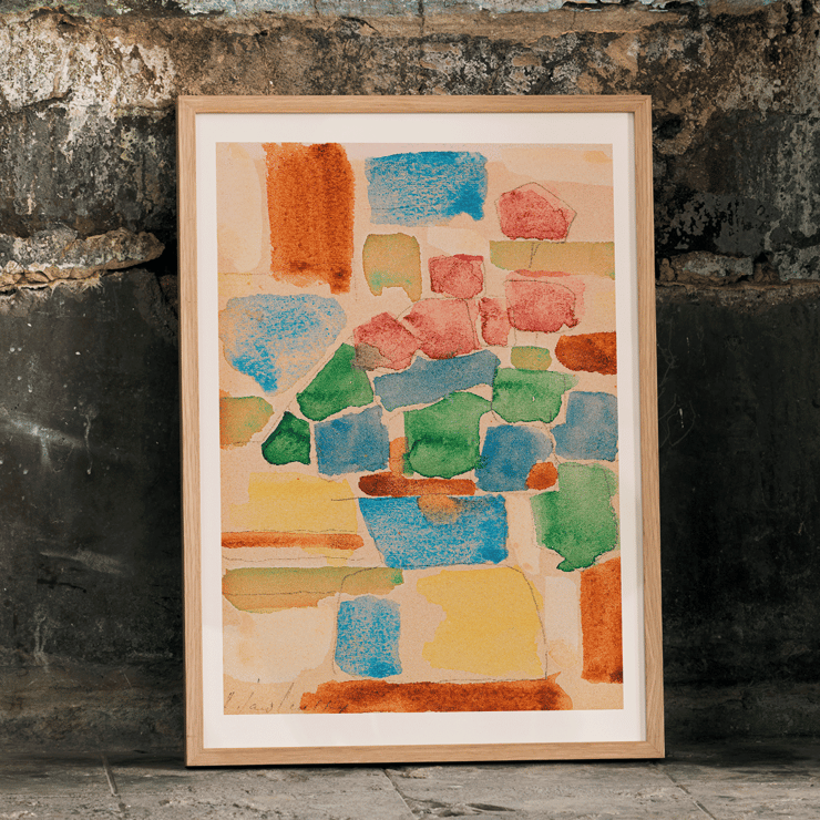 Abstract watercolor painting by Alexej von Jawlensky titled Floral Still Life showing vibrant geometric shapes. Poster featuring Floral Still Life by Alexej von Jawlensky with vibrant mosaic of abstract shapes in red blue and green tones