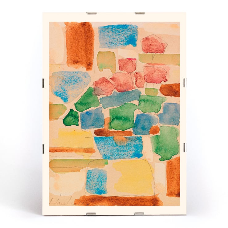 Abstract watercolor painting by Alexej von Jawlensky titled Floral Still Life showing vibrant geometric shapes. Poster featuring Floral Still Life by Alexej von Jawlensky with vibrant mosaic of abstract shapes in red blue and green tones