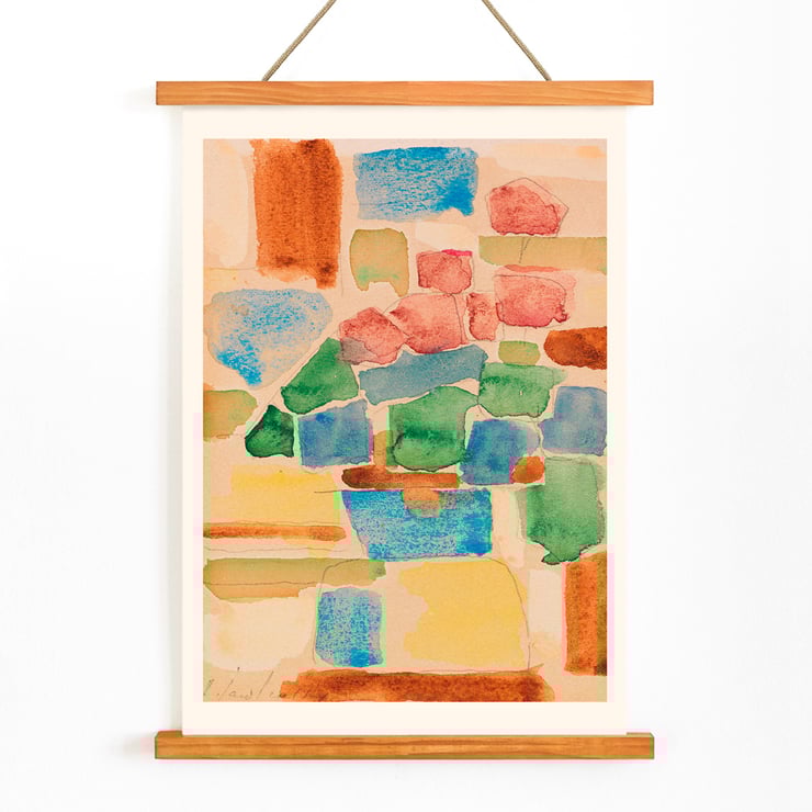 Abstract watercolor painting by Alexej von Jawlensky titled Floral Still Life showing vibrant geometric shapes. Poster featuring Floral Still Life by Alexej von Jawlensky with vibrant mosaic of abstract shapes in red blue and green tones