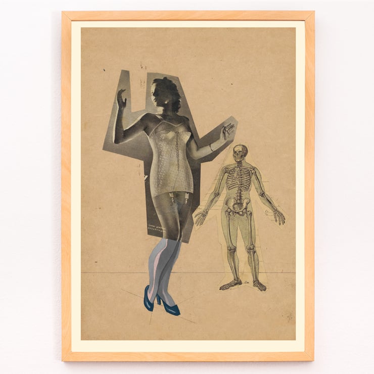 Collage of a woman and skeleton by Karl Wiener Girl and Death artwork Poster of a woman in a corset and skeleton illustration Girl and Death by Karl Wiener artwork on a beige background.