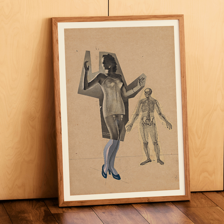 Collage of a woman and skeleton by Karl Wiener Girl and Death artwork Poster of a woman in a corset and skeleton illustration Girl and Death by Karl Wiener artwork on a beige background.