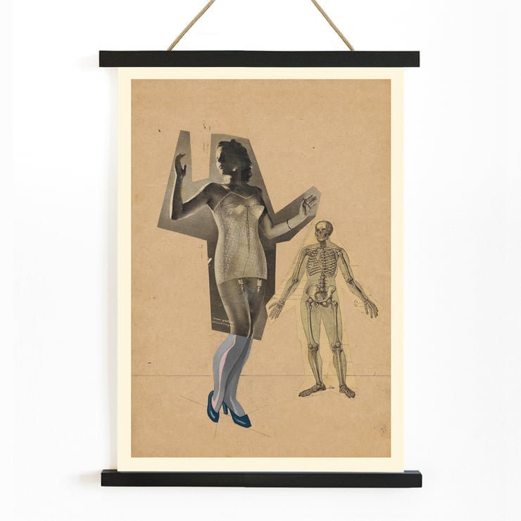 Collage of a woman and skeleton by Karl Wiener Girl and Death artwork Poster of a woman in a corset and skeleton illustration Girl and Death by Karl Wiener artwork on a beige background.
