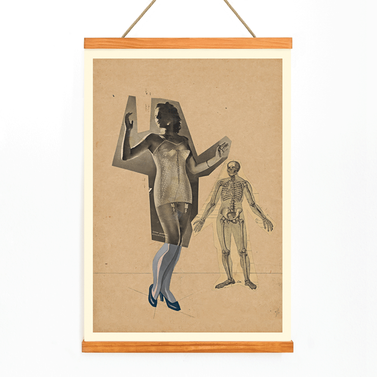 Collage of a woman and skeleton by Karl Wiener Girl and Death artwork Poster of a woman in a corset and skeleton illustration Girl and Death by Karl Wiener artwork on a beige background.
