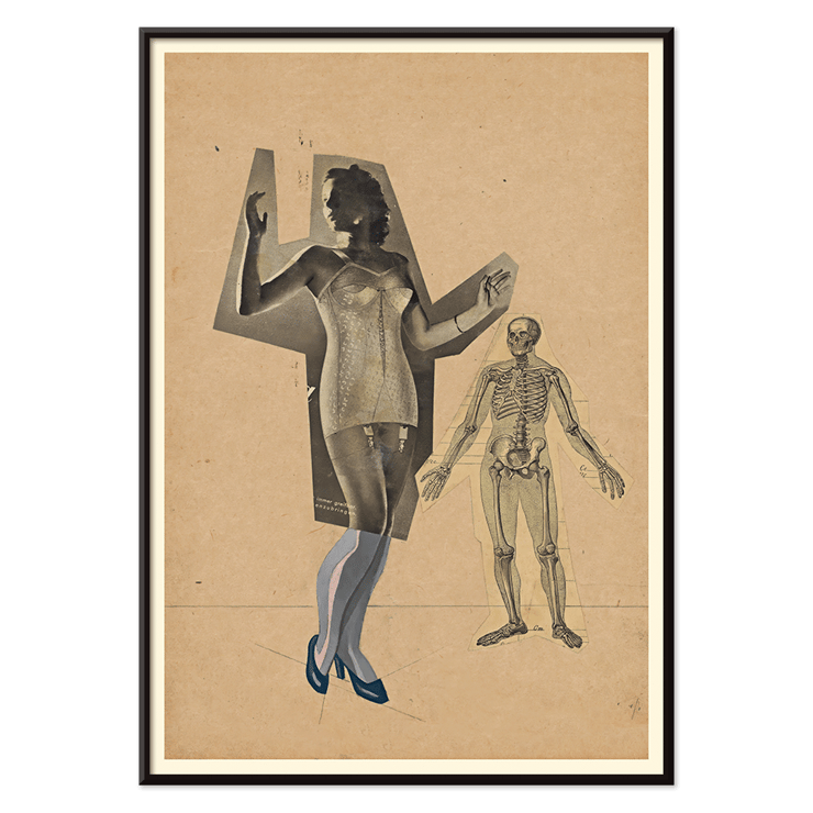 Collage of a woman and skeleton by Karl Wiener Girl and Death artwork Poster of a woman in a corset and skeleton illustration Girl and Death by Karl Wiener artwork on a beige background.