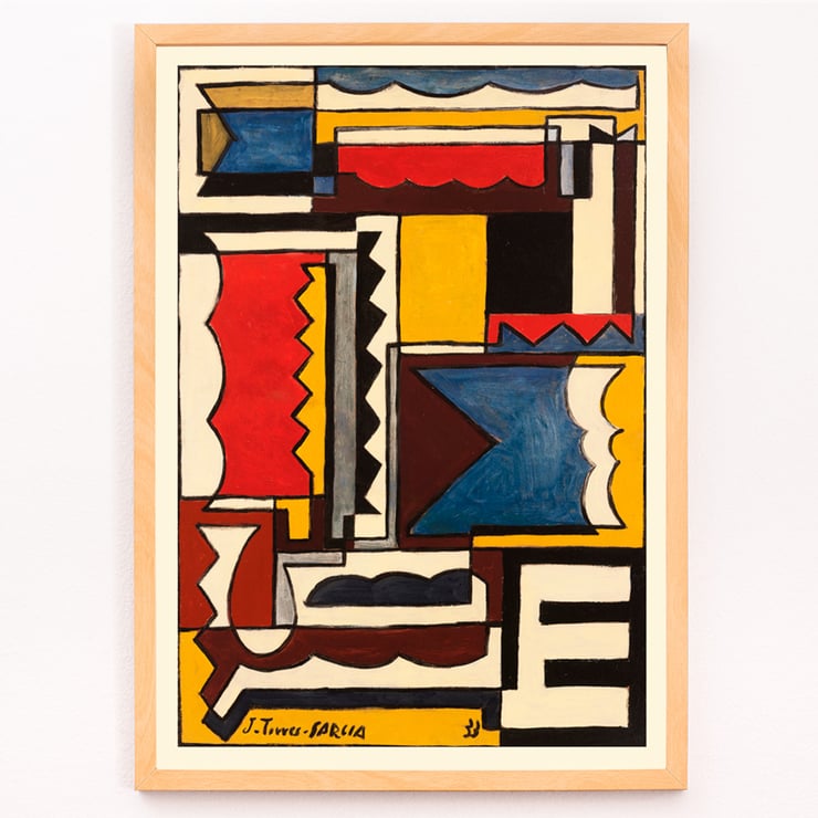 Abstract geometric painting by Joaquín Torres-García titled Structure with shapes. Poster featuring abstract geometric design by Joaquín Torres-García titled Structure with shapes.