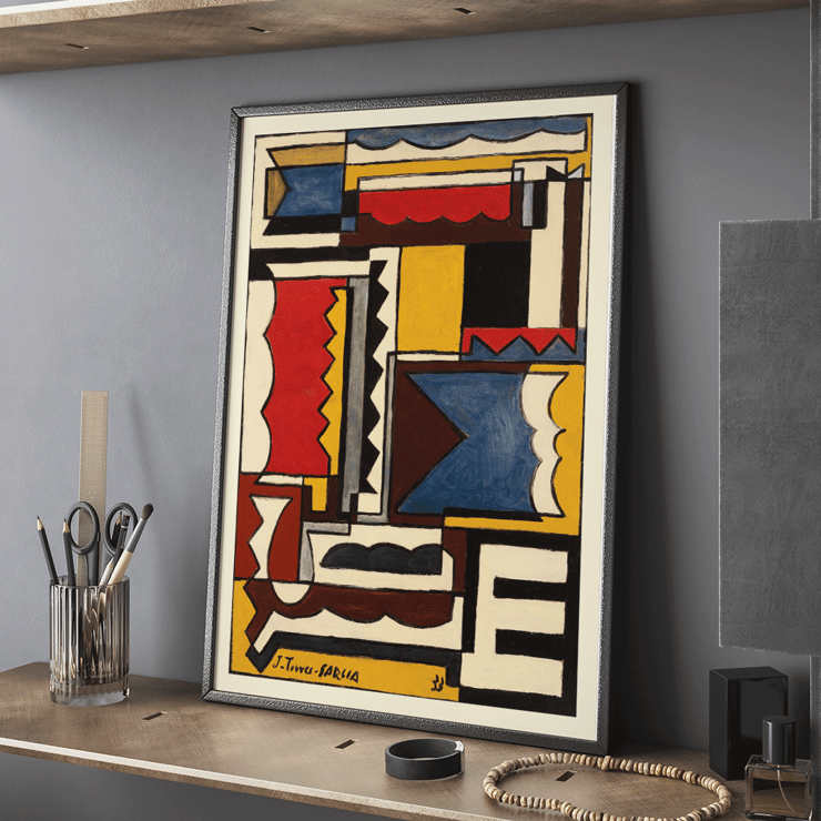Abstract geometric painting by Joaquín Torres-García titled Structure with shapes. Poster featuring abstract geometric design by Joaquín Torres-García titled Structure with shapes.