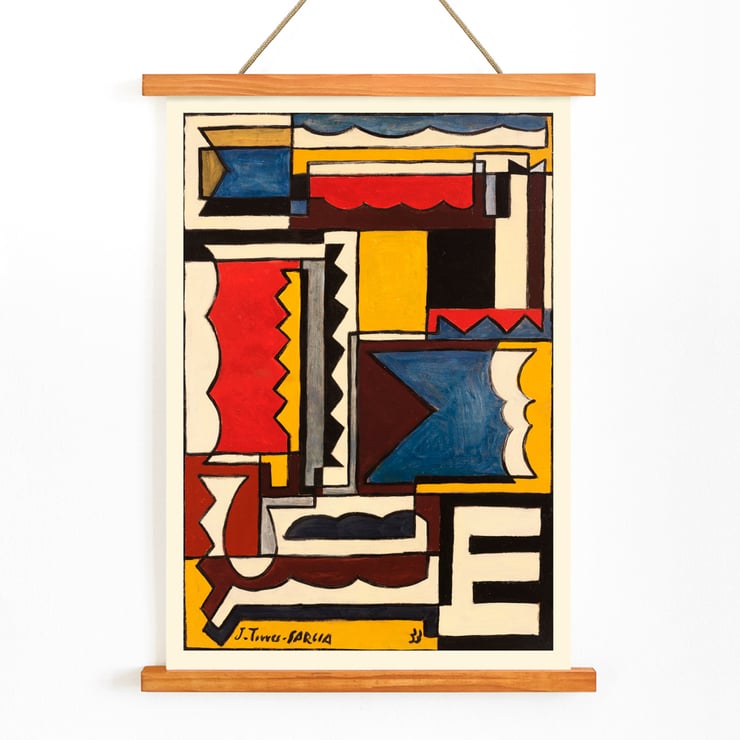 Abstract geometric painting by Joaquín Torres-García titled Structure with shapes. Poster featuring abstract geometric design by Joaquín Torres-García titled Structure with shapes.