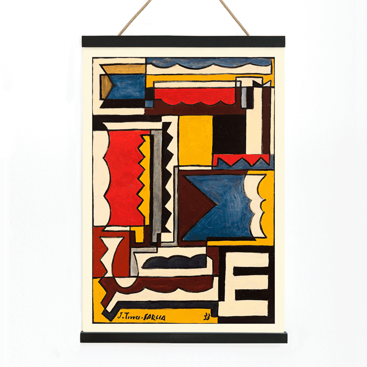 Abstract geometric painting by Joaquín Torres-García titled Structure with shapes. Poster featuring abstract geometric design by Joaquín Torres-García titled Structure with shapes.