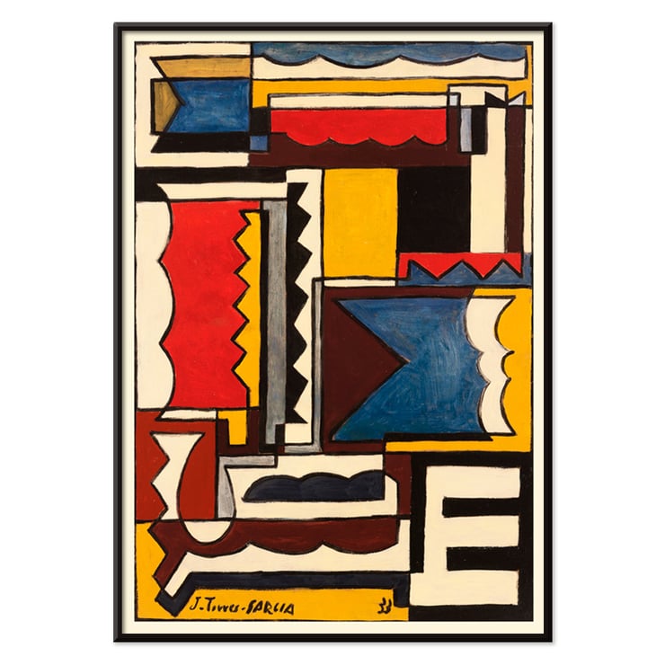 Abstract geometric painting by Joaquín Torres-García titled Structure with shapes. Poster featuring abstract geometric design by Joaquín Torres-García titled Structure with shapes.