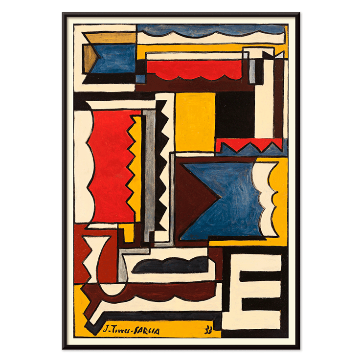 Abstract geometric painting by Joaquín Torres-García titled Structure with shapes. Poster featuring abstract geometric design by Joaquín Torres-García titled Structure with shapes.