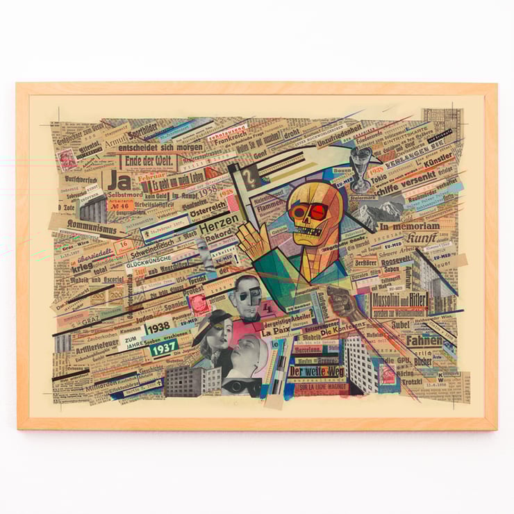 Political collage with newspaper clippings and geometric figure by Karl Wiener titled Political collage by Karl Wiener Poster of a political collage featuring a skull and newspaper clippings by Karl Wiener titled Political collage.