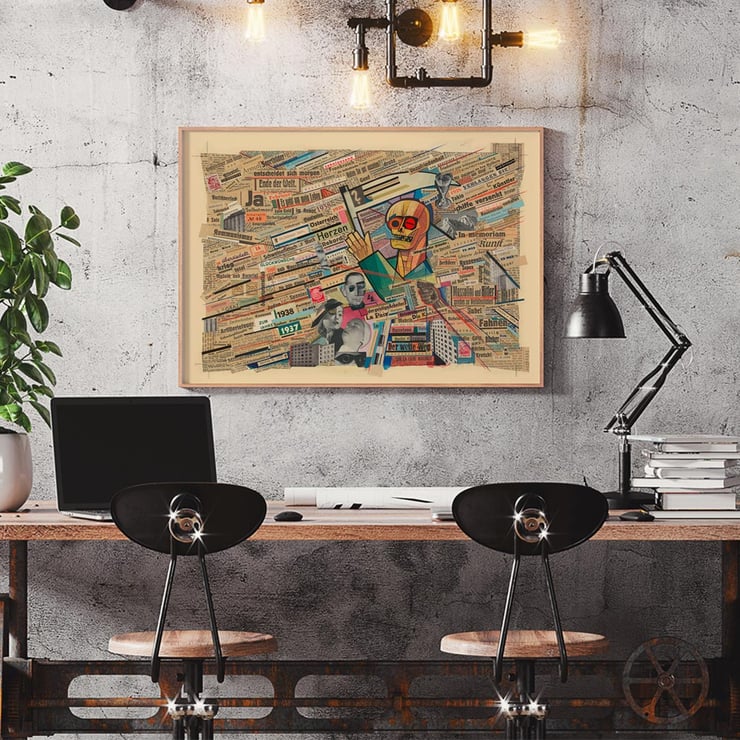Political collage with newspaper clippings and geometric figure by Karl Wiener titled Political collage by Karl Wiener Poster of a political collage featuring a skull and newspaper clippings by Karl Wiener titled Political collage.