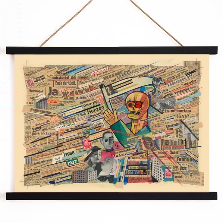 Political collage with newspaper clippings and geometric figure by Karl Wiener titled Political collage by Karl Wiener Poster of a political collage featuring a skull and newspaper clippings by Karl Wiener titled Political collage.
