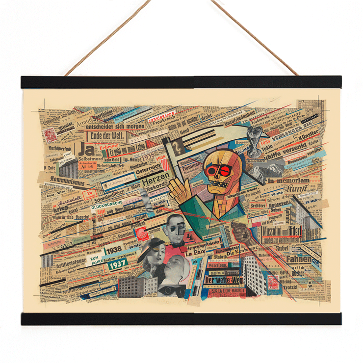 Collage politico con ritagli di giornale e figure geometriche di Karl Wiener intitolato Collage politico di Karl Wiener Poster di un collage politico raffigurante un teschio e ritagli di giornale di Karl Wiener intitolato Collage politico.