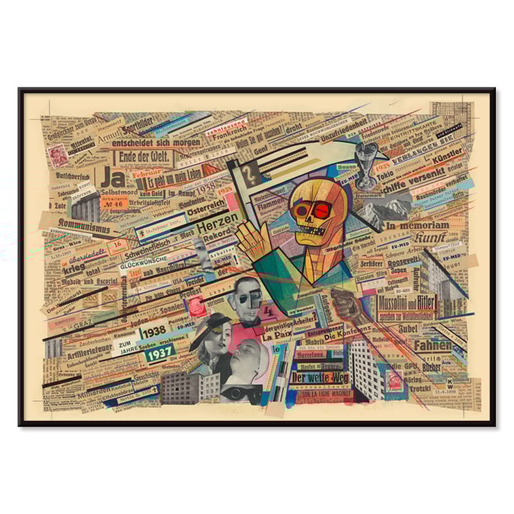 Political collage with newspaper clippings and geometric figure by Karl Wiener titled Political collage by Karl Wiener Poster of a political collage featuring a skull and newspaper clippings by Karl Wiener titled Political collage.