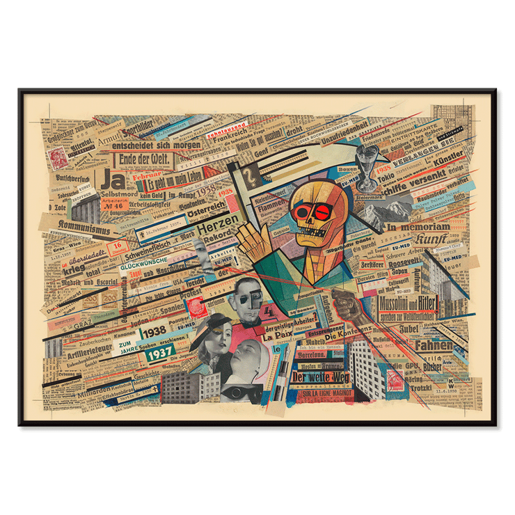 Collage politico con ritagli di giornale e figure geometriche di Karl Wiener intitolato Collage politico di Karl Wiener Poster di un collage politico raffigurante un teschio e ritagli di giornale di Karl Wiener intitolato Collage politico.