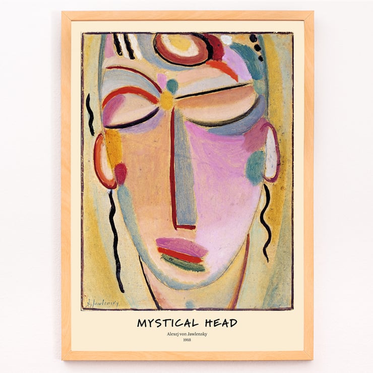 Abstract painting Mystical Head by Alexej von Jawlensky featuring a colorful, stylized face. Poster of Mystical Head Meditation by Alexej von Jawlensky showing a colorful abstract face with closed eyes and serene expression