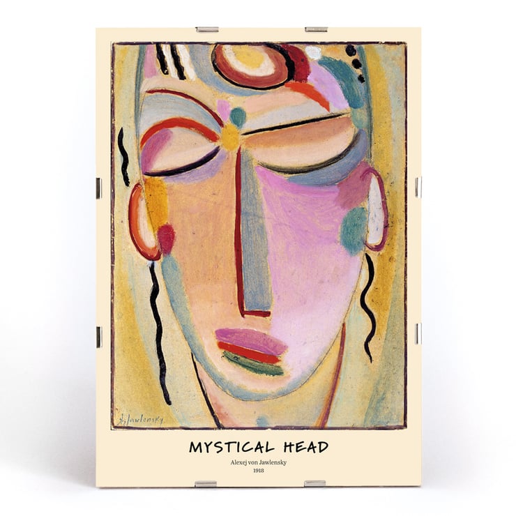Abstract painting Mystical Head by Alexej von Jawlensky featuring a colorful, stylized face. Poster of Mystical Head Meditation by Alexej von Jawlensky showing a colorful abstract face with closed eyes and serene expression