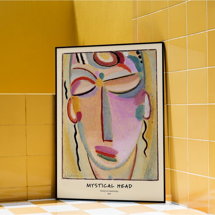 Abstract painting Mystical Head by Alexej von Jawlensky featuring a colorful, stylized face. Poster of Mystical Head Meditation by Alexej von Jawlensky showing a colorful abstract face with closed eyes and serene expression