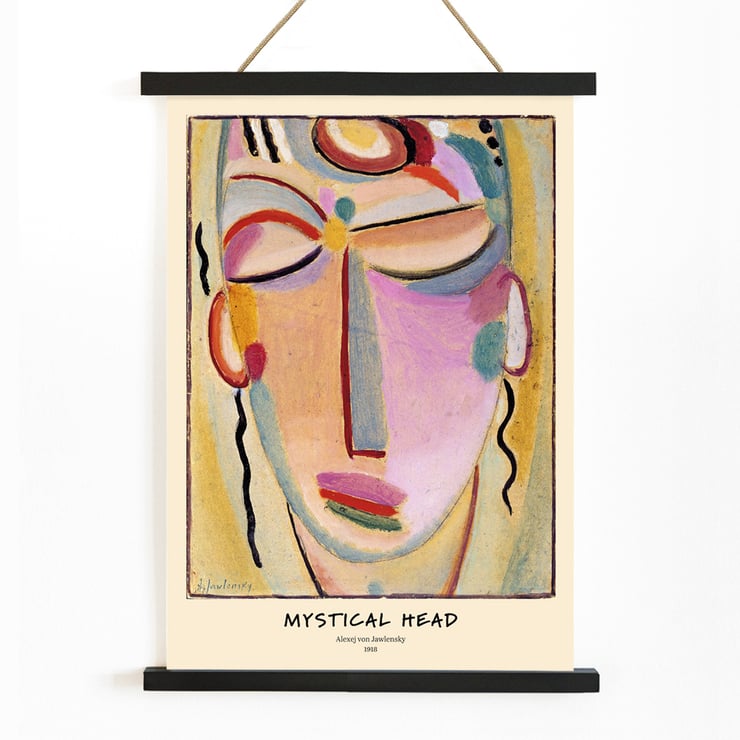 Abstract painting Mystical Head by Alexej von Jawlensky featuring a colorful, stylized face. Poster of Mystical Head Meditation by Alexej von Jawlensky showing a colorful abstract face with closed eyes and serene expression