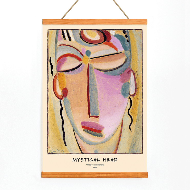 Abstract painting Mystical Head by Alexej von Jawlensky featuring a colorful, stylized face. Poster of Mystical Head Meditation by Alexej von Jawlensky showing a colorful abstract face with closed eyes and serene expression