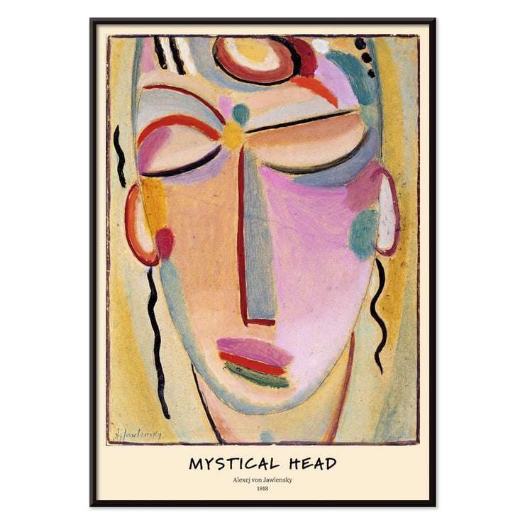 Abstract painting Mystical Head by Alexej von Jawlensky featuring a colorful, stylized face. Poster of Mystical Head Meditation by Alexej von Jawlensky showing a colorful abstract face with closed eyes and serene expression