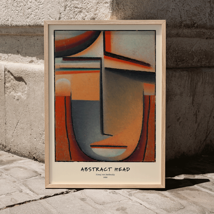 Dipinto astratto con forme geometriche di Alexej von Jawlensky intitolato Abstract Head Tragic. Poster di Abstract Head di Alexej von Jawlensky presenta forme geometriche in toni caldi che formano un viso stilizzato.