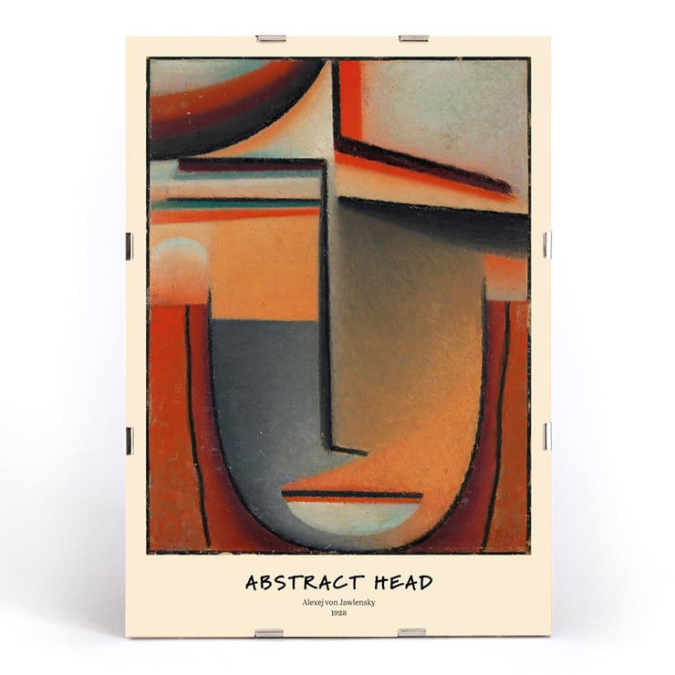 Abstract painting with geometric shapes by Alexej von Jawlensky titled Abstract Head Tragic. Poster of Abstract Head by Alexej von Jawlensky features geometric shapes in warm tones forming a stylized face.