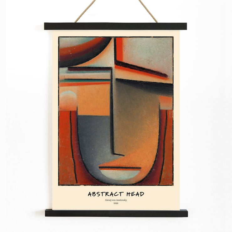 Abstract painting with geometric shapes by Alexej von Jawlensky titled Abstract Head Tragic. Poster of Abstract Head by Alexej von Jawlensky features geometric shapes in warm tones forming a stylized face.