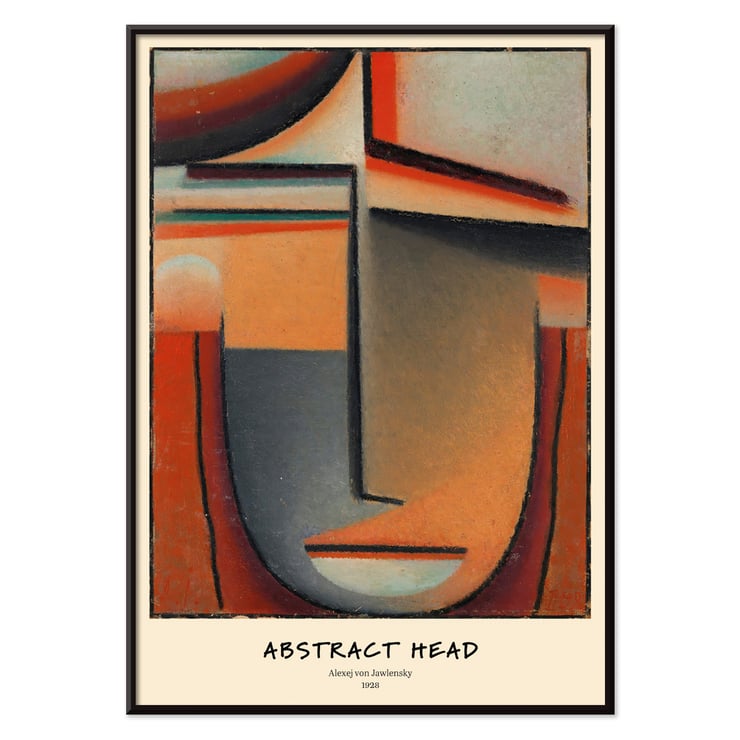 Abstract painting with geometric shapes by Alexej von Jawlensky titled Abstract Head Tragic. Poster of Abstract Head by Alexej von Jawlensky features geometric shapes in warm tones forming a stylized face.