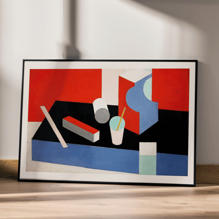 Dipinto astratto geometrico colorato Kubik di Patrick Henry Bruce. Poster di una composizione geometrica astratta in rosso, nero e blu intitolata Kubik dell'artista Patrick Henry Bruce.