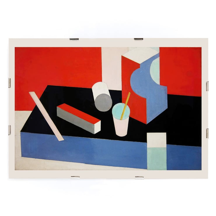 Colorful geometric abstract painting Kubik by Patrick Henry Bruce. Poster of a geometric abstract composition in red black and blue titled Kubik by artist Patrick Henry Bruce.