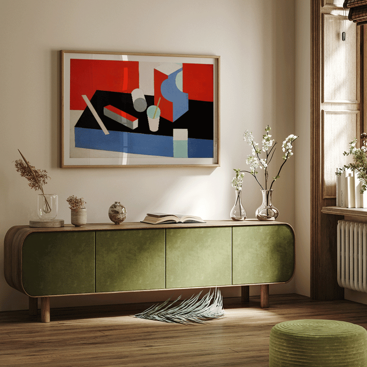 Colorful geometric abstract painting Kubik by Patrick Henry Bruce. Poster of a geometric abstract composition in red black and blue titled Kubik by artist Patrick Henry Bruce.