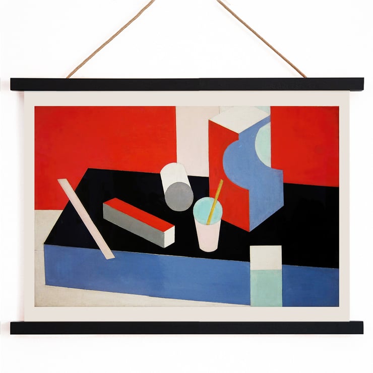 Colorful geometric abstract painting Kubik by Patrick Henry Bruce. Poster of a geometric abstract composition in red black and blue titled Kubik by artist Patrick Henry Bruce.