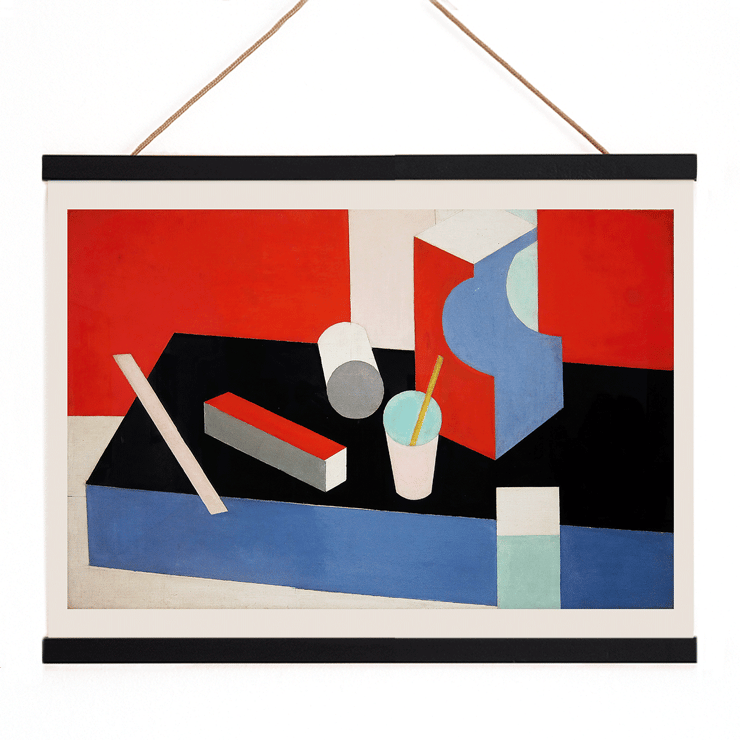 Dipinto astratto geometrico colorato Kubik di Patrick Henry Bruce. Poster di una composizione geometrica astratta in rosso, nero e blu intitolata Kubik dell'artista Patrick Henry Bruce.