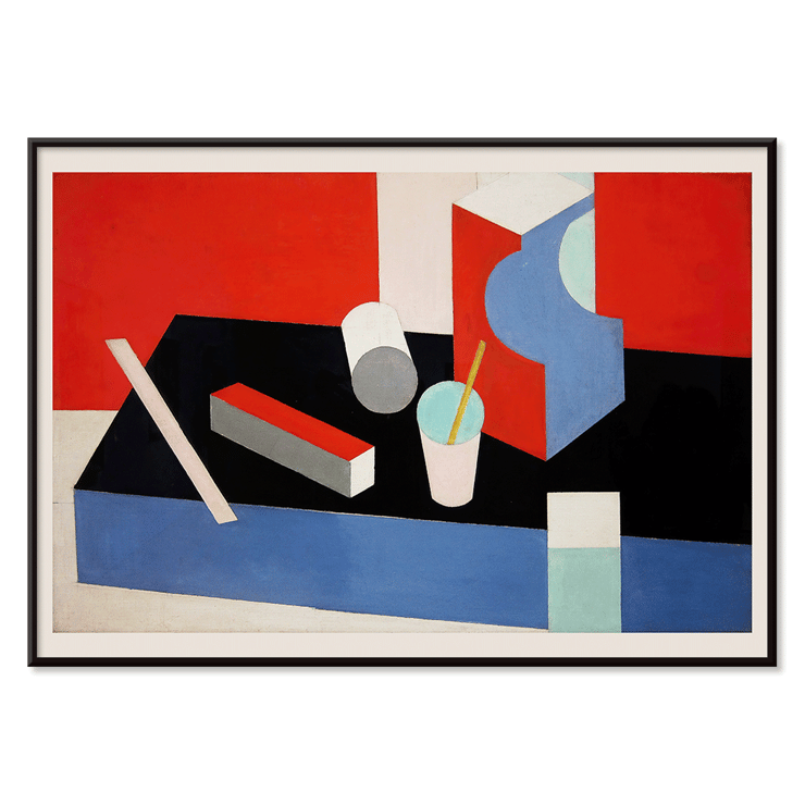 Dipinto astratto geometrico colorato Kubik di Patrick Henry Bruce. Poster di una composizione geometrica astratta in rosso, nero e blu intitolata Kubik dell'artista Patrick Henry Bruce.