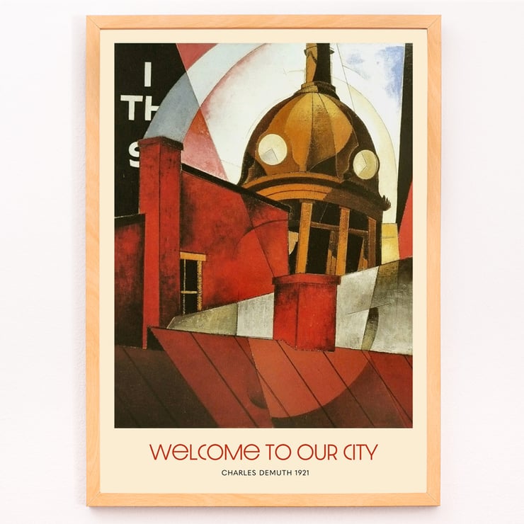 Welcome to Our City by Charles Demuth artwork featuring architectural forms and abstract design. Poster titled Welcome to Our City by Charles Demuth featuring abstract urban architecture elements