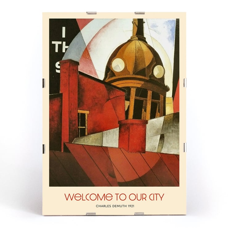 Welcome to Our City by Charles Demuth artwork featuring architectural forms and abstract design. Poster titled Welcome to Our City by Charles Demuth featuring abstract urban architecture elements