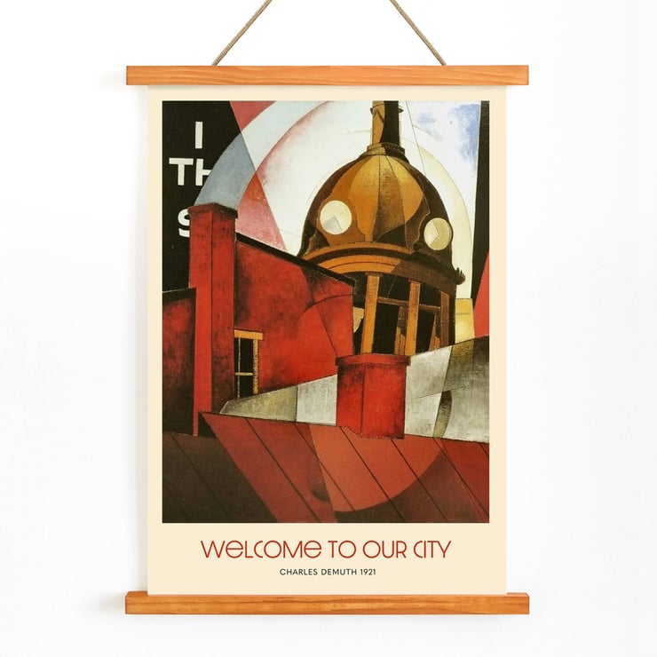 Welcome to Our City by Charles Demuth artwork featuring architectural forms and abstract design. Poster titled Welcome to Our City by Charles Demuth featuring abstract urban architecture elements