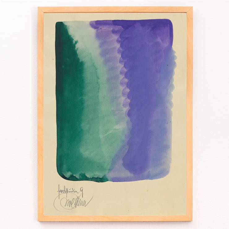 Abstract watercolor art with green and purple hues Farbstudien 10 Blätter IX by Karl Wiener. Poster of abstract watercolor artwork featuring green and purple blending titled Farbstudien 10 Blätter IX by Karl Wiener