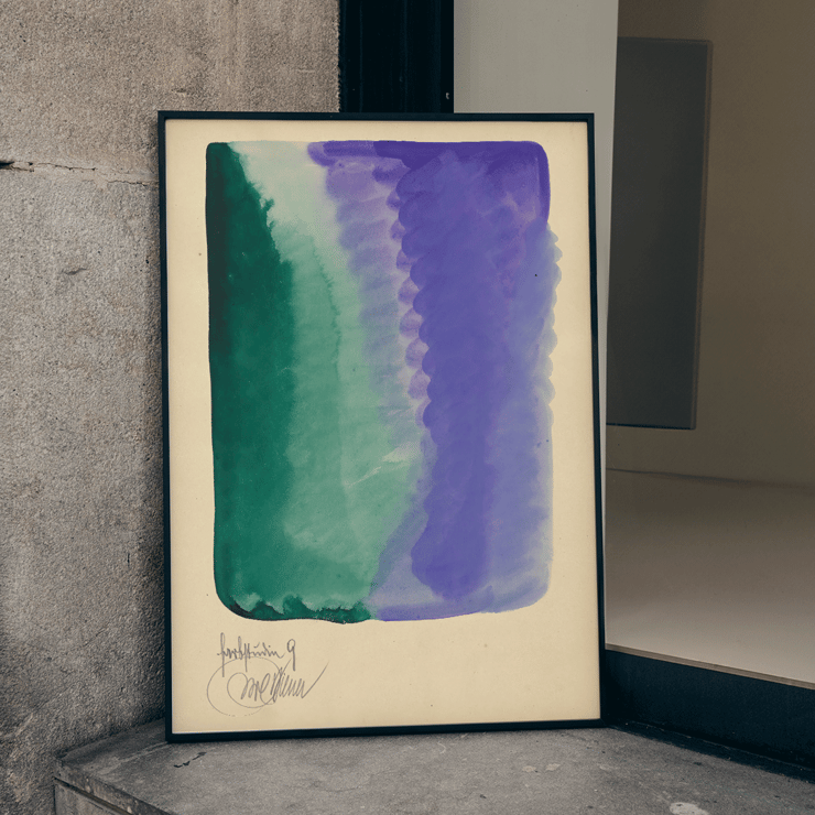 Acquarello astratto con sfumature verdi e viola Farbstudien 10 Blätter IX di Karl Wiener. Poster di un'opera d'arte astratta ad acquerello con sfumature di verde e viola intitolata Farbstudien 10 Blätter IX di Karl Wiener